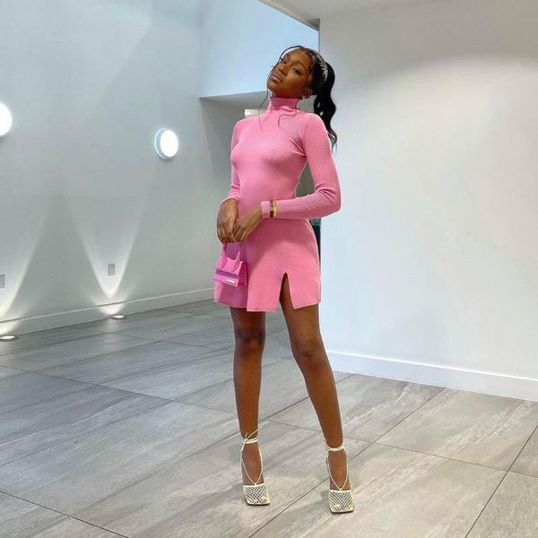 

casual dresses skmy women clothing solid color pink black mini dress turtleneck long sleeve with split hem party clubwear, Black;gray