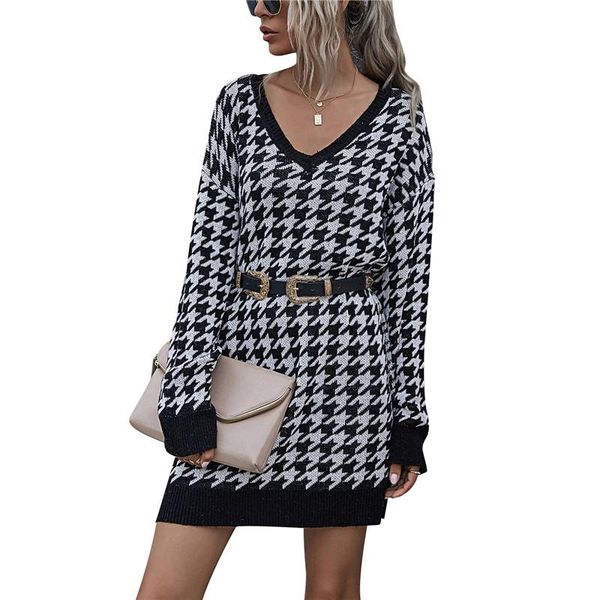 

casual dresses women noble geometric knit dress winter slim knot sashes sweater a-line houndstooth warm pullover vestido, Black;gray