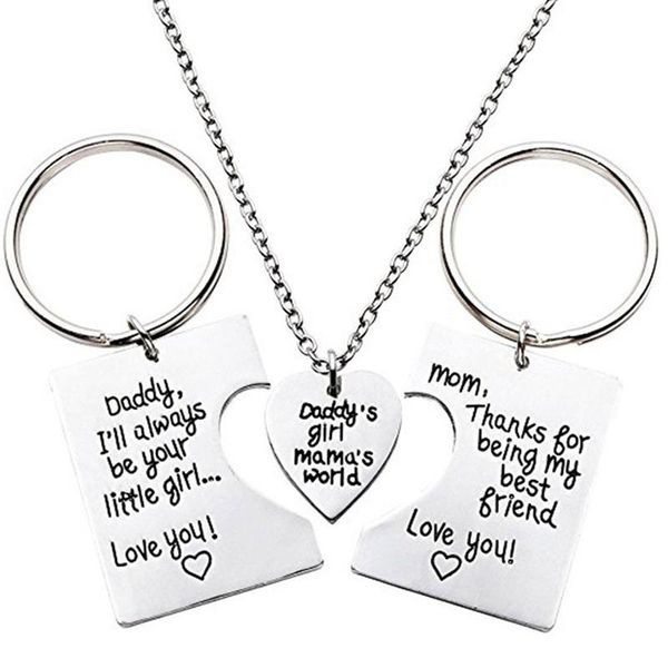 

earrings & necklace 3pcs/set dad daughter mother pendant keychain sets mother's day father's gift jewelry father mom keyring neckl, Silver