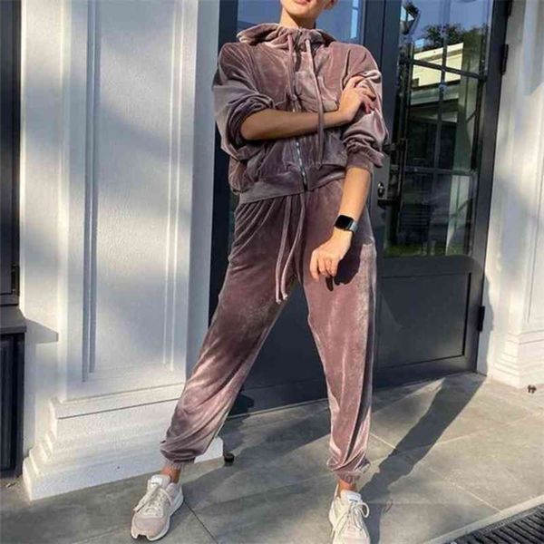 

women pants tracksuit velvet zipper jacket sets casual drawstring hoodie and lace up joggers ladies suit loose trendy autumn 210925, White