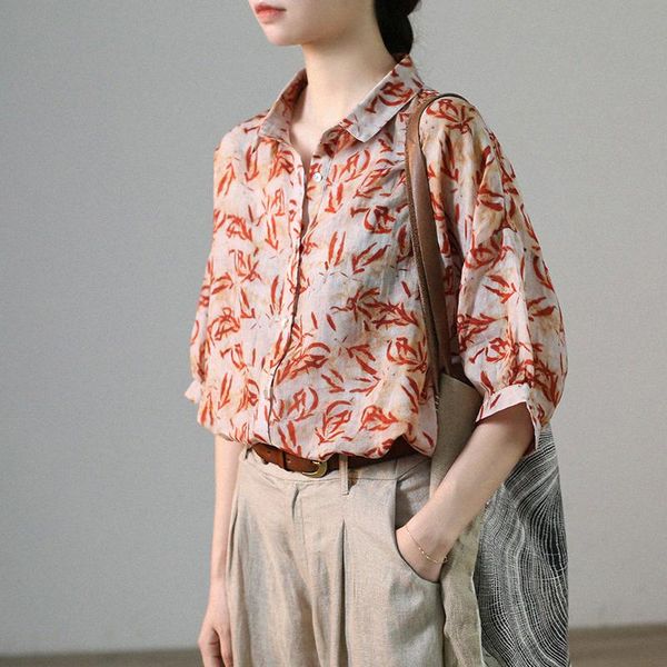 

women's blouses & shirts summer women loose plus size all-match vintage artisitc print natural fabric comfortable thin lightweight rami, White