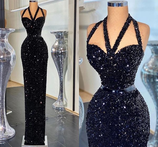 

sunny black sequins long mermaid evening dresses 2022 dubai party night vestidos de noite women plus size prom gowns robe soiree, Black;red