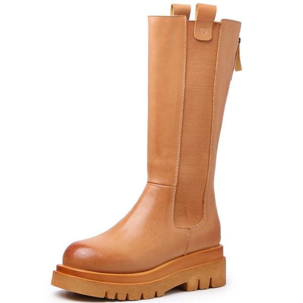 

genuine leather women's mid-calf boots fashion women long autumn round toe ladies platform shoes, Black