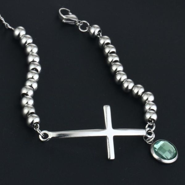 

charm bracelets luxury green crystal women girl beads christian cross accessories stainless steel silver color jewelry gifts sl058, Golden;silver