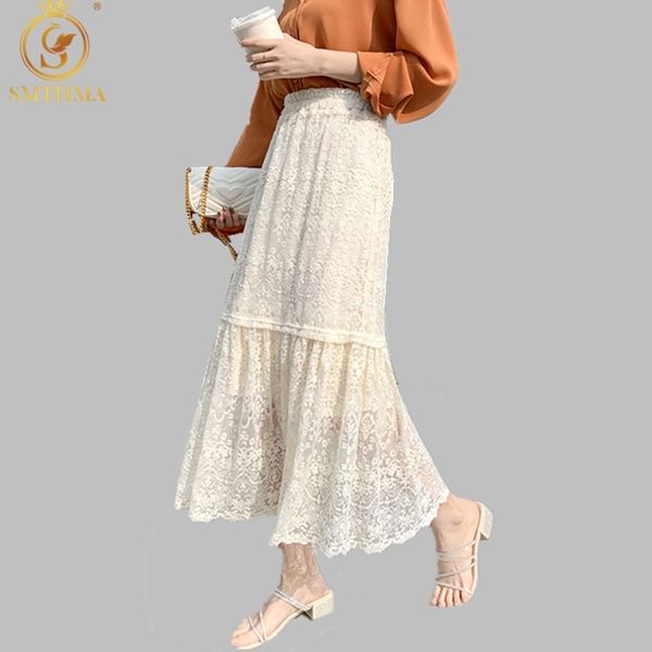 

embroidery lace skirt for women mesh high waist elastic long skirts female elegant summer fashion clothing 210520, Black