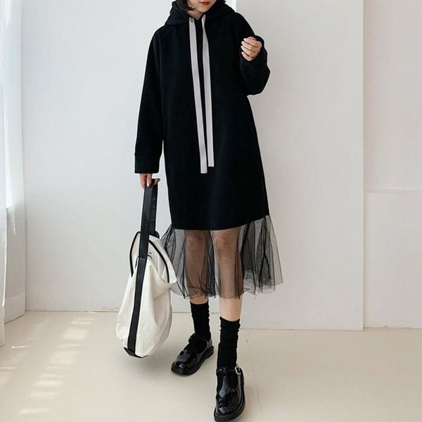 

casual dresses women hooded autumn winter long sleeve mesh patchwork sweatshirt dress black red outwear, Black;gray