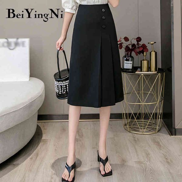 

beiyingni elegant office ladies skirts high street summer ol korean buttons midi a line skirt women work wear saias mujer 210416, Black