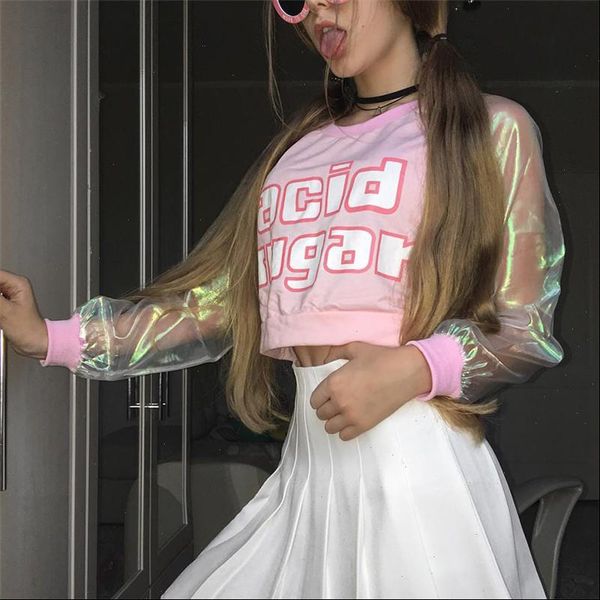 

womens autumn acid sugar letter women cute short harajuku laser transparent cropped shirt stitching long sleeve fun t, White