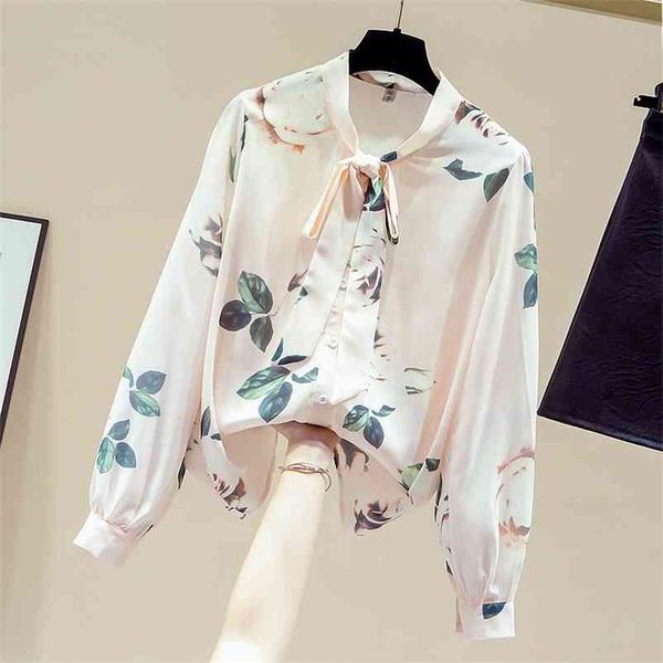 

autumn elegant women's bow collar long sleeves floral chiffon shirts ladies shirt blouse a4068 210519, White