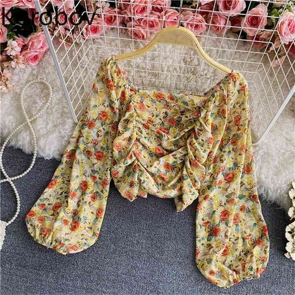 

korobov new arrival women chiffon blouse vintage puff sleeve square collar female shirts summer short crop shirt 210430, White