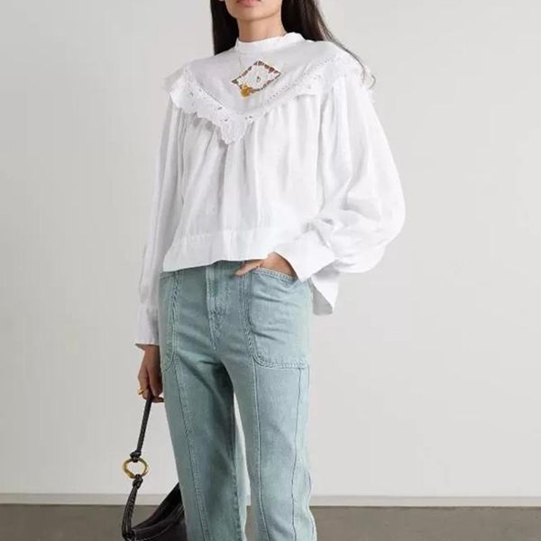 

women's blouses & shirts 2021 early autumn women's white blouse stand collar embroidery hollow out long sleeve office ladies