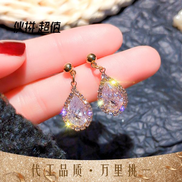 

925 silver needle anti allergy fashion temperament water drop shape zircon super flash simple earrings female