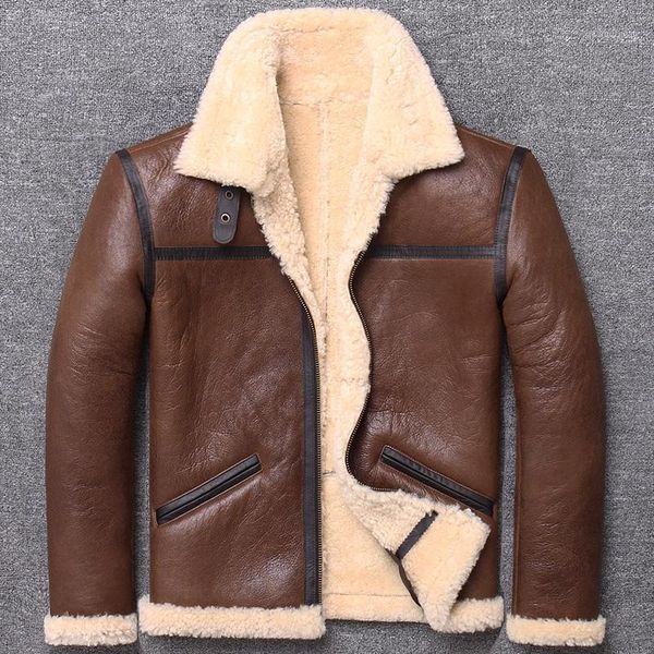 

men's leather & faux jacket winter real men sheepskin coat genuine shearling jackets wool lining l1962 kj3198, Black