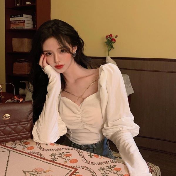 

korea style summer france velvet y2k women female puff sleeve solid v-neck short t-shirt woman chiffon tshirt clothing women's, White