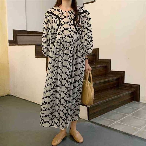 

retro sweet party plus size florals printed vintage all match puff sleeves summer chic femme vestidos dresses 210525, Black;gray