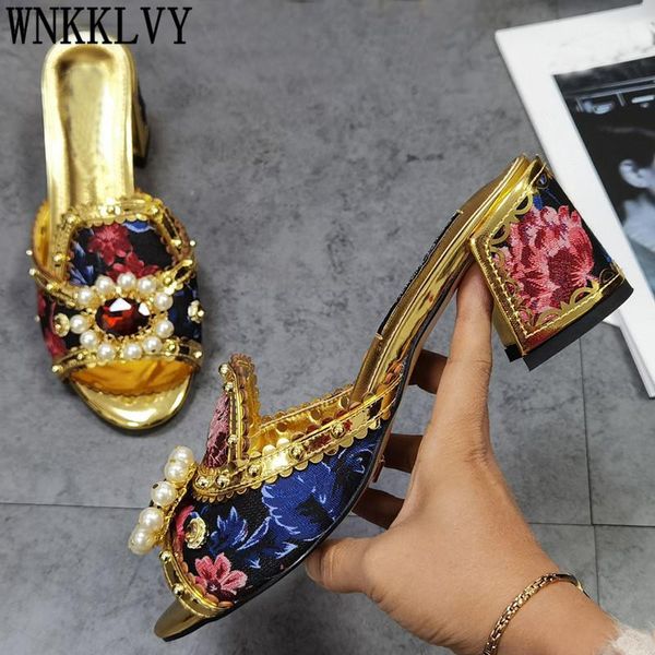 

print flower chunky high heel slippers women satin open toe beading pearl rhinestone sandals summer gold party crystal shoes, Black