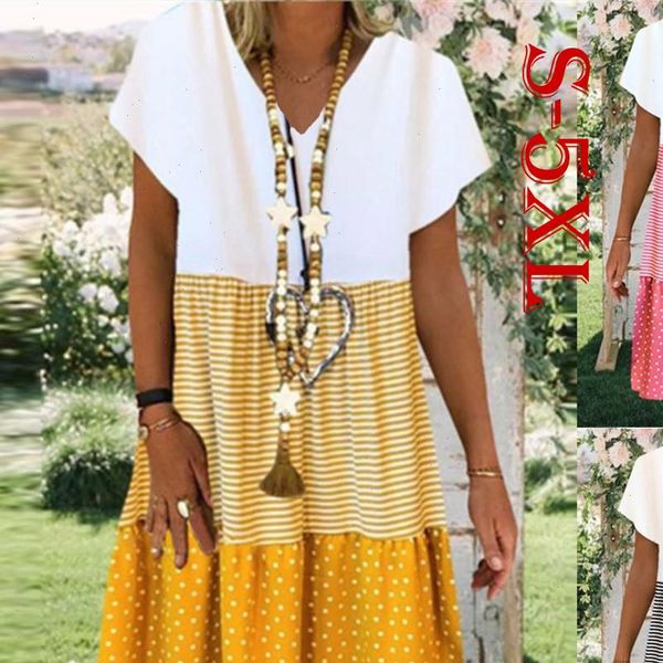 

large size women dresses dress for summer casual loose striped color stitching dot printed ladies leisure v, Black;gray