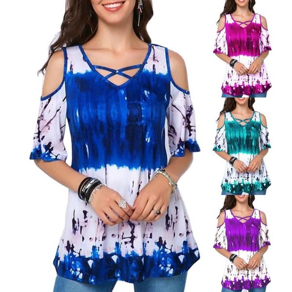 

women's t-shirt summer cold shoulder cross straps on chest tie-dyed print plus size t-shirts camisetas de mujer 2021 woman clothes, White