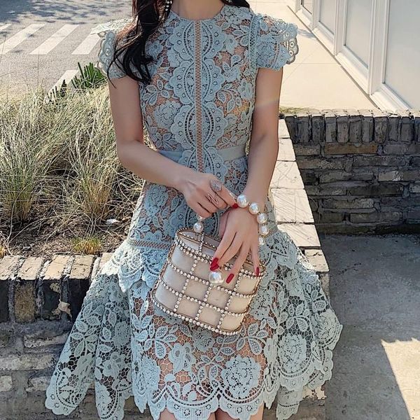 

casual dresses women luxury blue lace dress 2021 elegant wedding party robe femme vintage designer evening vestidos, Black;gray
