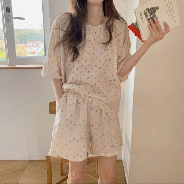 

comfortable all match loose womens sleepwears sweet homewear summer geometric cherry printing chic women pajamas sets, Black;red