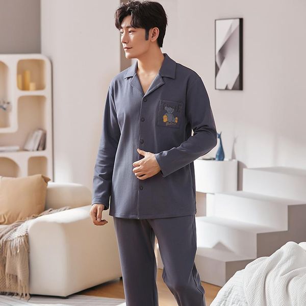 

men's sleepwear autumn winter men pajamas set plus size turn-down collar long sleeve homewear cartoon bears nightwear cotton, Black;brown