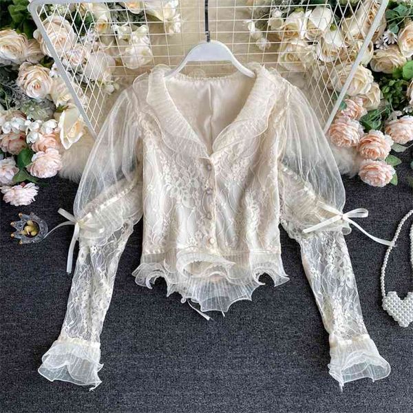 

women fashion long sleeve sweet ruffled slim lace shirt v neck elegant solid color high waist korean clothing blouse n616 210527, White