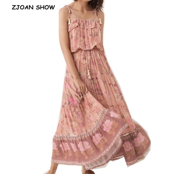 

bohemian floral print tassel lacing up spaghetti strap dress pink ethnic woman stream pleated shappy long dresses 210429, Black;gray