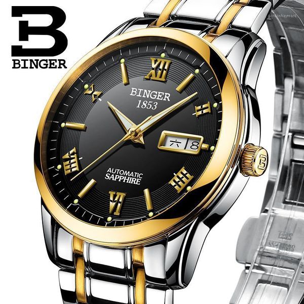 

switzerland watches men wristwatches binger luminous automatic self-wind full stainless steel waterproof bg-0383-17, Slivery;brown