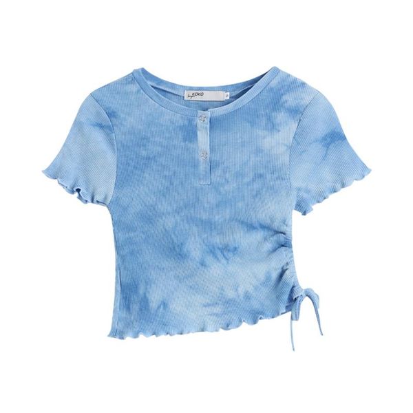 

women's t-shirt summer womens t shirt cotton short sleeve casual female o neck slim tie-dye shirring button skinny tees t-shirts, White