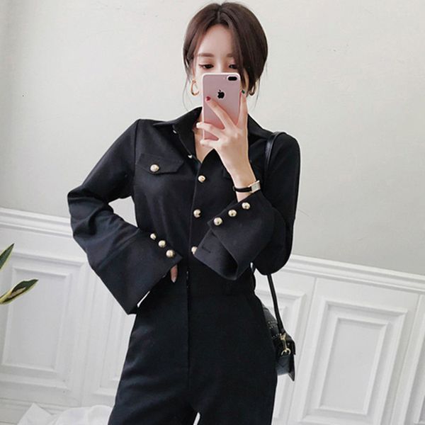 

women's two piece pants vintage black single breasted blouse & high waist full ol style 2 s set elegant spring work 5i2f, White