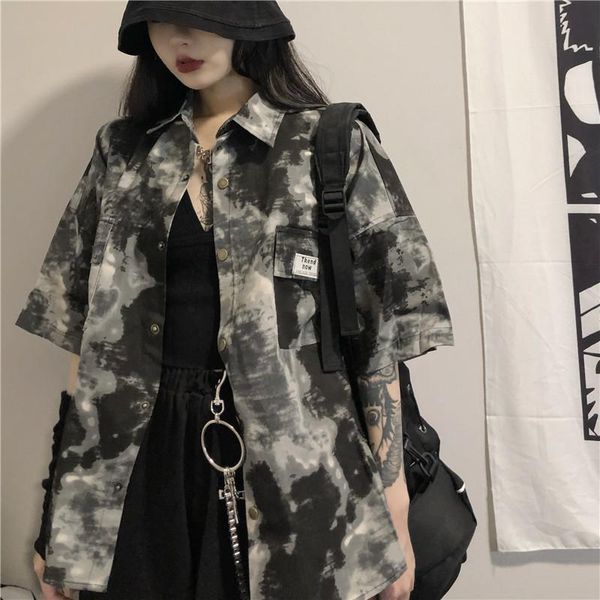 

women's blouses & shirts 2021 spring net red women shirt harajuku ins tide retro loose tie-dye japanese street tooling short sleeve fe, White