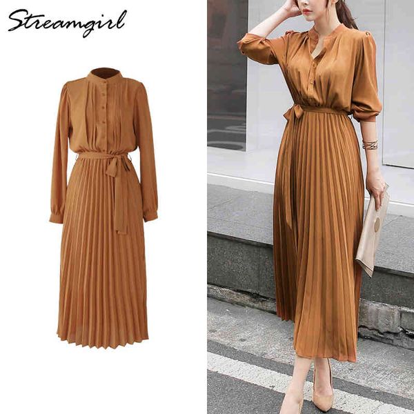 

pleated dress women elegant maxi shirt dresses for women office long sleeve dress chiffon woman long dresses with full sleeve 210421, Black;gray