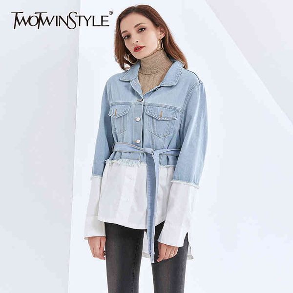

patchwork hit color women's denim coat lapel collar lace up bowknot high waist slimming for female jacker coats 210524, Black;brown