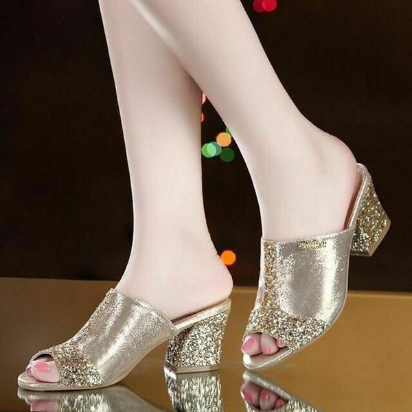 

women's spring summer autumn fashion moms wear outdoor causal coarse-heeled soft pu bling rhinestone slippers, Black