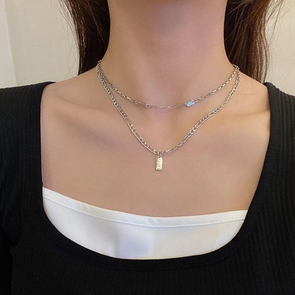 

chains letter square plate pendant necklace for women ins trendy simple double layer twin clavicle chain niche design accessories, Silver