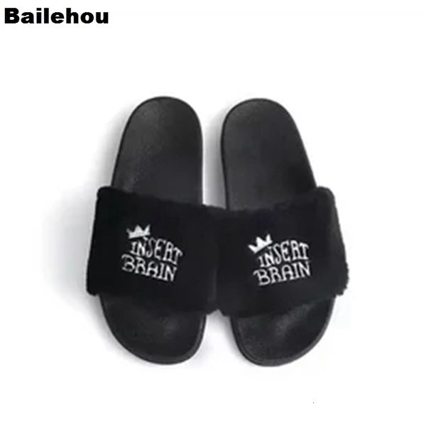 

slippers women fur plush warm winter shoes indoor outdside slides slip on flip flops flat casual embroider ntad, Black