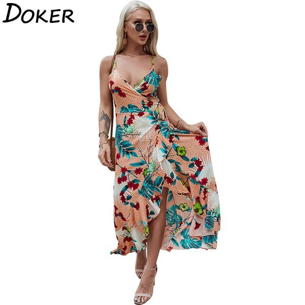 

bohemia floral print spaghetti strap sleeveless v neck women dress elegant ruffle split fork fashion ladies long dresses 210423, Black;gray