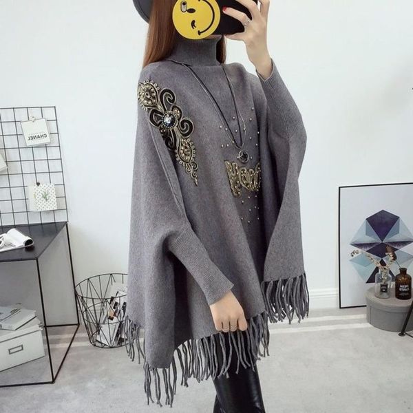 

women's sweaters [ewq] beading loose batwing sleeve turtleneck cloak jacket autumn winter sweater hedging tassel shawl 16e4505, White;black