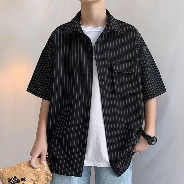 

summer men's striped printing shirt short sleeve coats loose trend camisa masculina korean style half shirts casual, White;black