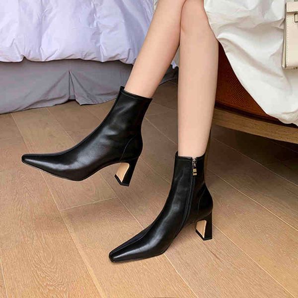 

boots warm trade women's ankle boots genuine leather toe square zipper side fashion high heels short fall black woman 8arq