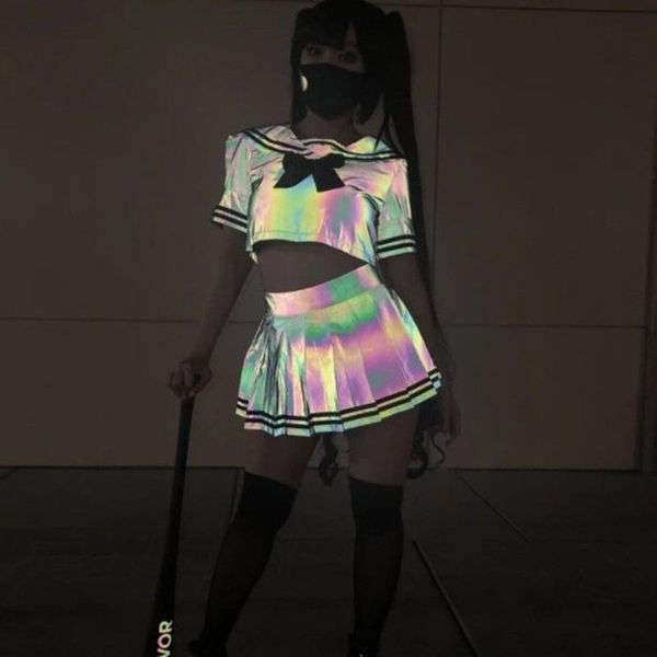 

cropped lady outfits and skirt 2 piece set summer reflective japan style cosplay fashion matching sweet casual clothing skirts, Black
