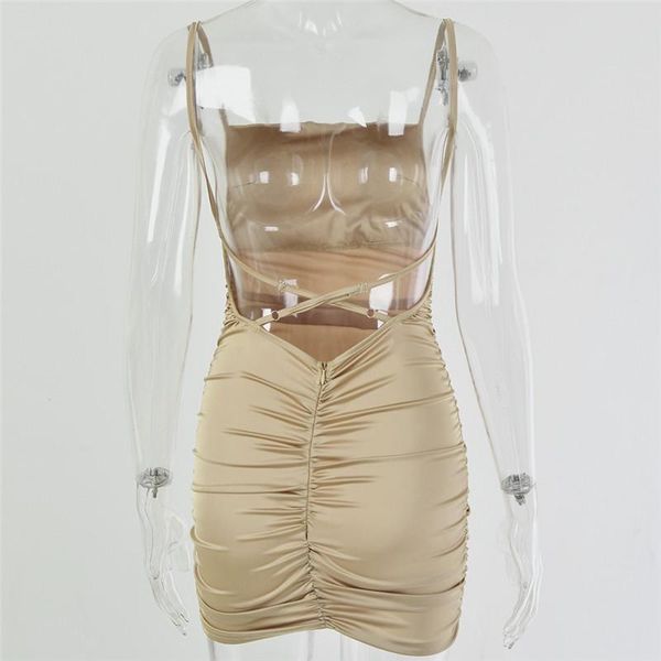 

casual dresses articat spaghetti strap mini satin dress women backless cross bandage bodycon party pleated stretch short club, Black;gray