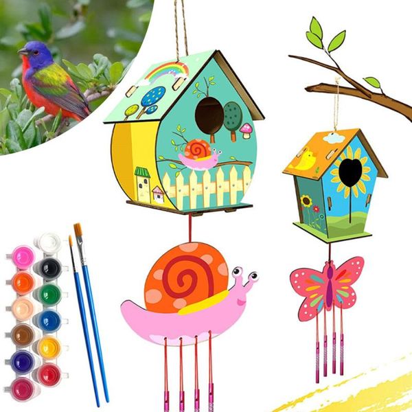 

other bird supplies diy wooden birdhouse kits nest hanging house children's graffiti wind chimes outdoor