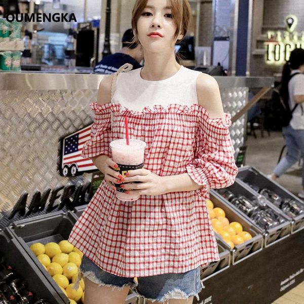 

women's t-shirt oumengka patchwork plaid t shirt femme tshirt somen summer women 2021 cute shirts cotton loose camisetas mujer, White