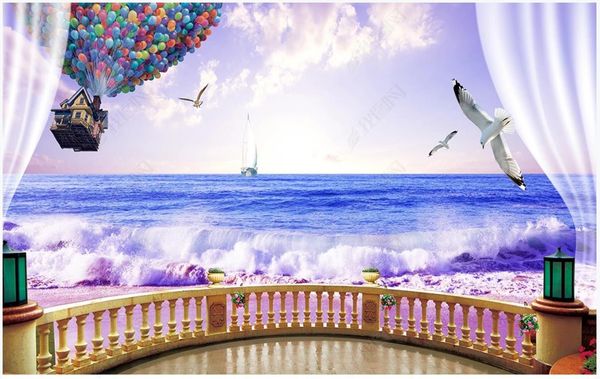 

custom po wallpaper for walls 3 d murals hd sea view balcony scenery blue sky white clouds balloon seagull background wall wallpapers