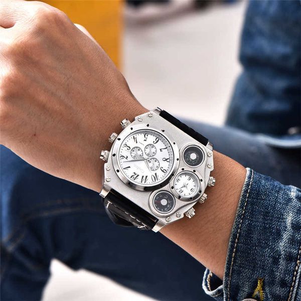 

oulm watch men quartz sport leather strap watches big dial military wristwatch mens clock compass decoration reloj hombre 210728, Slivery;brown