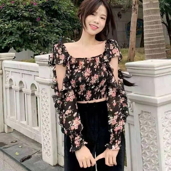 

women's blouses & shirts etosell square collar women floral print navel exposed chiffon blouse sweet butterfly sleeve shirt, White