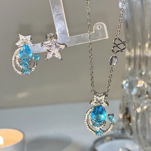 

elegant blue waterdrop crystal stud earrings for women asymmetric cute delicate zircon moon pendientes jewelry, Golden;silver