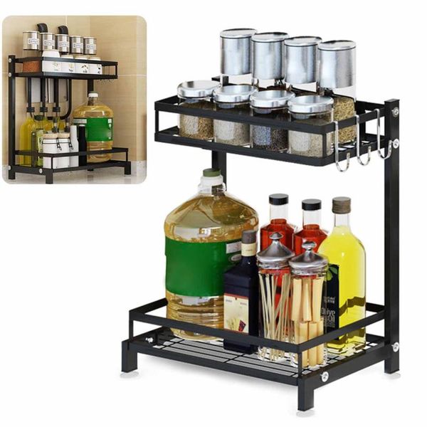 

hooks & rails standing spice rack 2 tier bottle jars storage shelf with 3 perfect for holding kitchen utensil