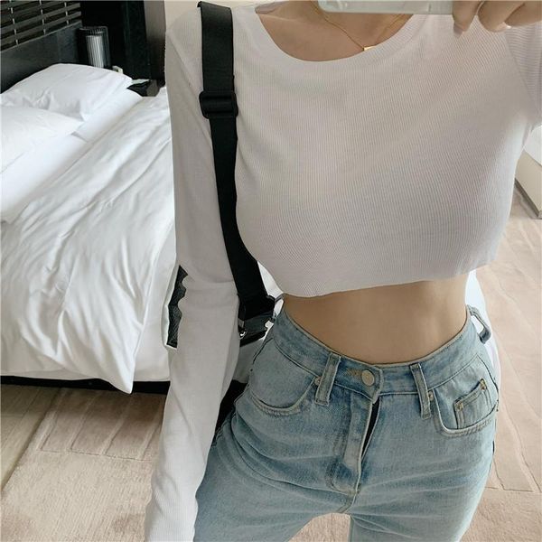 

korean fashion long sleeve tee shirt female clothing vetement femme 2021 summer round neck white super short cotton women's t-shir